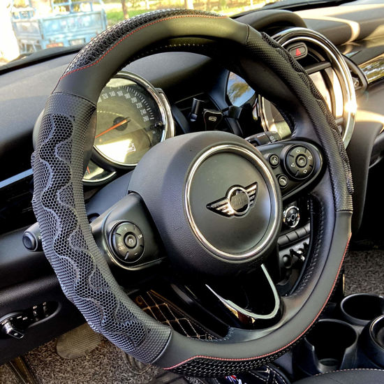 Picture of PINCTROT Small Size Steering Wheel Cover Great Grip with 3D Honeycomb Anti-Slip Design, 14 Inch (Black/Red Stitch)