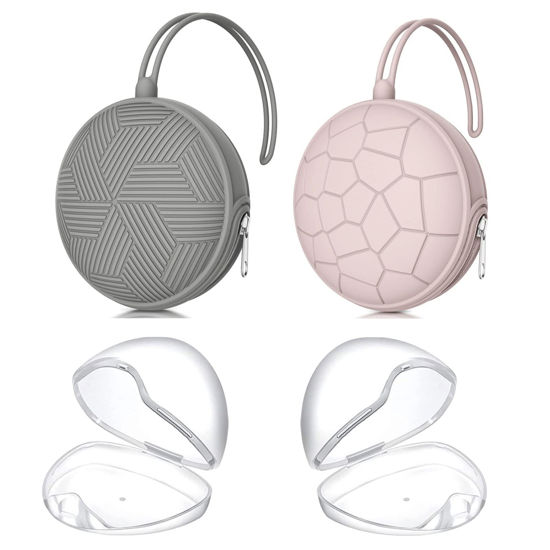 Picture of Smlpuame 4 Pack Pacifier Holder Case Set,2 Silicone Portable Pacifier Cover Pouch Bag for Diaper Bags Baby Carriage with 2 Transparent Pacifier Storage Container Box,Easy to Clean,(Pink & Grey)