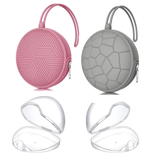 Picture of Smlpuame 4 Pack Pacifier Holder Case Set,2 Silicone Portable Pacifier Cover Pouch Bag for Diaper Bags Baby Carriage with 4 Transparent Pacifier Storage Container Box,Easy to Clean,Power Rose+Grey
