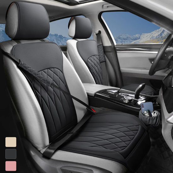 Picture of BEITK 2 Pack Leather Front Car Seat Covers, Universal Sideless Car Seat Protectors with Storage Pocket and Seat Belt Pads, Waterproof Automotive Seat Cover for Cars Trucks SUV(Black)