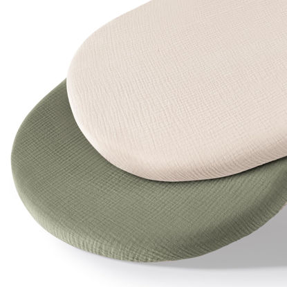 Picture of MairMore Muslin Bassinet Sheets for Baby Neutral, Soft Breathable Cotton Fitted Sheets for Oval, Rectangle, Hourglass Bassinet Mattress/Pad - 2 Pack
