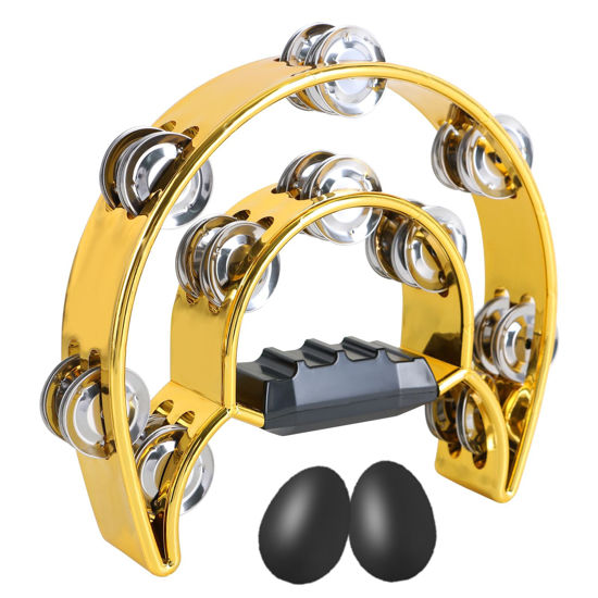 Picture of EastRock Double Row Tambourine,Metal Jingles Hand Held Percussion-Half Moon Tambourine for Adults, KTV, Party Gold
