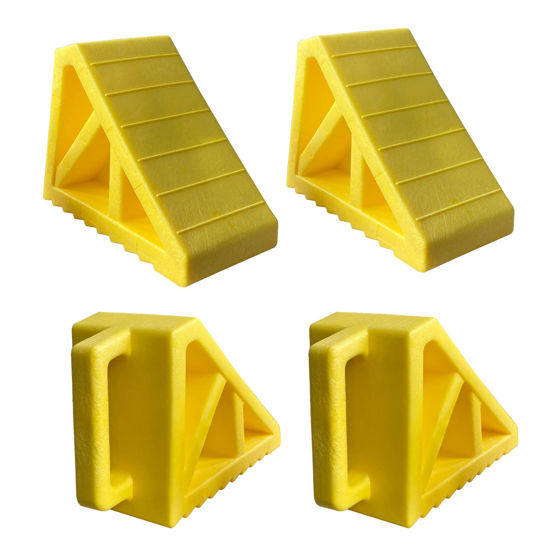 Picture of HOXWELL Polyfoam Wheel Chocks Premium, Heavy Duty Camper Vehicle Wedge Design with Black Rubber Bottom Chocks for Travel Trailers, Truck, Car, RV Yellow 4 Pcs