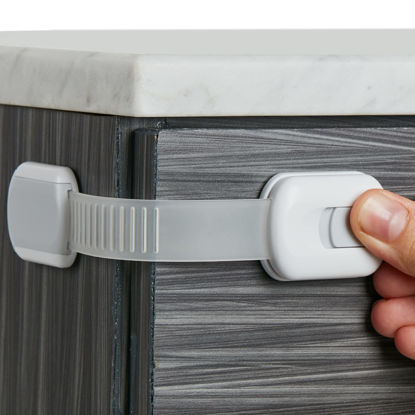 Picture of Child Safety Strap Locks (6-Pack) Baby Locks for Cabinets and Drawers, Toilet, Fridge & More. 3M Adhesive Pads. Easy Installation (White/Gray)