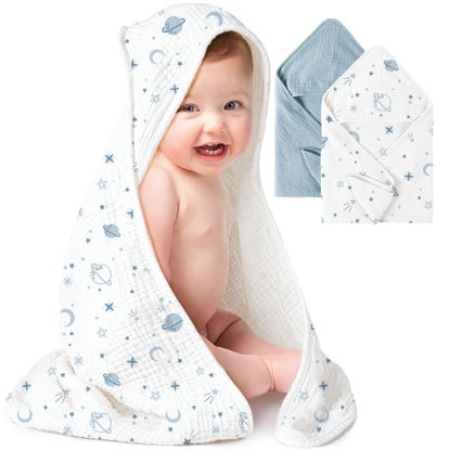 Picture of Konssy 2 Pack Muslin Hooded Baby Towels for Newborn Soft 100% Cotton Baby Bath Towel with Hood for Baby, Infant Ultra Absorbent, Baby Stuff Baby Bath Shower Gifts (Blue, Star,30" x 30")