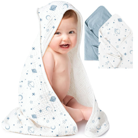 Picture of Konssy 2 Pack Muslin Hooded Baby Towels for Newborn Soft 100% Cotton Baby Bath Towel with Hood for Baby, Infant Ultra Absorbent, Baby Stuff Baby Bath Shower Gifts (Blue, Star,30" x 30")