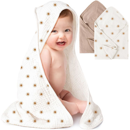 Picture of Konssy 2 Pack Muslin Hooded Baby Towels for Newborn Soft 100% Cotton Baby Bath Towel with Hood for Baby, Infant Ultra Absorbent, Baby Stuff Baby Bath Shower Gifts (Camel, Sun,30" x 30")