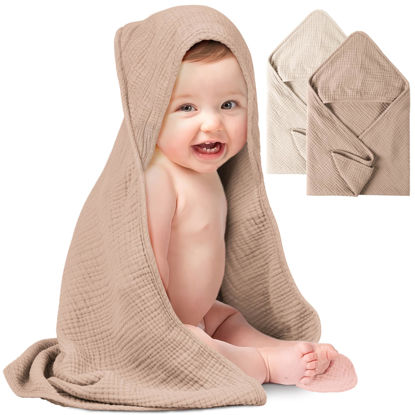 Picture of Konssy 2 Pack Muslin Hooded Baby Towels for Newborn Soft 100% Cotton Baby Bath Towel with Hood for Baby, Infant Ultra Absorbent, Baby Stuff Baby Bath Shower Gifts (Cream, Camel,30" x 30")