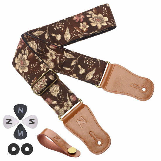 Picture of Nefelibata Japanese Cotton Guitar Strap for Acoustic Guitar, Ukulele, Free Headstock Strap Adapter with Buckle, Guitar Picks and Strap Lock(Pomegranate Flower)
