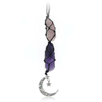 Picture of BOHO GARDEN Hanging Car Charm - Rose Quartz, Amethyst - Dangling Moon, Healing Crystal Accessories, Rearview Mirror Decorations - Love, Connection, Self-Worth, Balance, Intuition, Spirituality, Energy