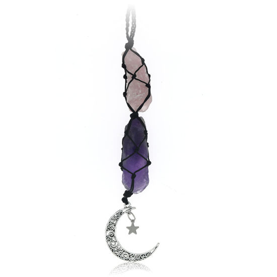 Picture of BOHO GARDEN Hanging Car Charm - Rose Quartz, Amethyst - Dangling Moon, Healing Crystal Accessories, Rearview Mirror Decorations - Love, Connection, Self-Worth, Balance, Intuition, Spirituality, Energy