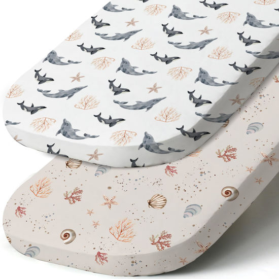 Picture of Stretch Fitted Bassinet Sheet Set BROLEX 2 Pack Cradle Sheets for Bassinet Pad/Mattress,Unisex Boys Girls,Ultra Soft,Dolphins Shells