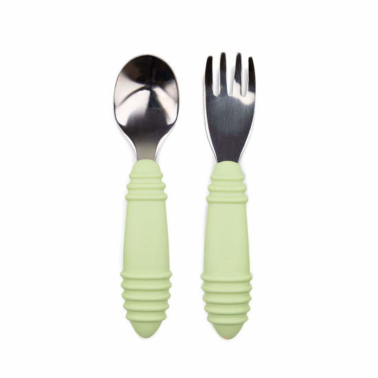 Picture of Bumkins Toddler Utensils, Kids Size Fork and Spoon Set, Silicone and Stainless-Steel Training Silverware, Angled Forks / Sporks for Self-Feeding, Children Hold Learning to Eat, 18 Mos Up, Sage Green