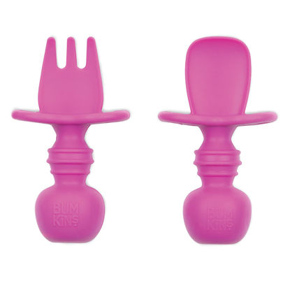Picture of Bumkins Baby Utensils Set, Chewtensils Silicone Spoons for Dipping, Self-Feeding, Baby Led Weaning, Trainer Learning, First Stage Eating, Soft Practice Fork and Spoon, Babies 6 Months, Fuchsia