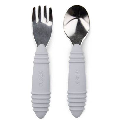 Picture of Bumkins Toddler Utensils, Kids Size Fork and Spoon Set, Silicone and Stainless-Steel Training Silverware, Angled Forks / Sporks for Self-Feeding, Children Hold Learning to Eat, 18 Months Up, Gray