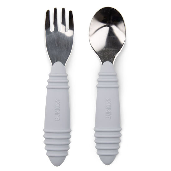 Picture of Bumkins Toddler Utensils, Kids Size Fork and Spoon Set, Silicone and Stainless-Steel Training Silverware, Angled Forks / Sporks for Self-Feeding, Children Hold Learning to Eat, 18 Months Up, Gray