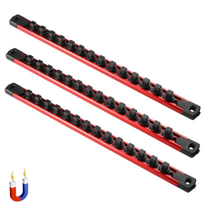 Picture of ALOANES 3-Piece Magnetic Socket Organizer, Heavy Duty Aluminum Socket Rails Organizer, 360° Swivel Clips Socket Holder Kit for Tool Box, 3/8-Inch Socket Holder x 42 Clips (Red)