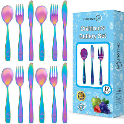 Picture of 12 Piece Stainless Steel Kids Silverware Set - Child and Toddler Safe Flatware - Kids Utensil Set - Metal Kids Cutlery Set Includes 4 Small Kids Spoons, 4 Forks & 4 Knives - UV Rainbow