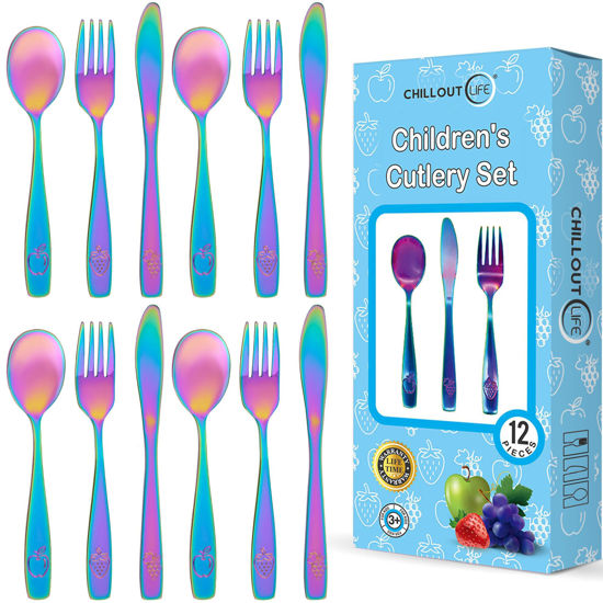 Picture of 12 Piece Stainless Steel Kids Silverware Set - Child and Toddler Safe Flatware - Kids Utensil Set - Metal Kids Cutlery Set Includes 4 Small Kids Spoons, 4 Forks & 4 Knives - UV Rainbow