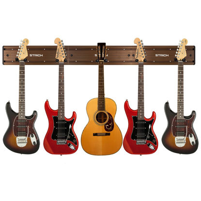Picture of STRICH Guitar Wall Mount Hangers for Multiple Guitars, Holds 5 Guitars, Walnut Wood Grain, Strong Aluminum Metal Guitar Stand Rack Bass Holder, Adjustable Instruments Display Set, SMH-05W