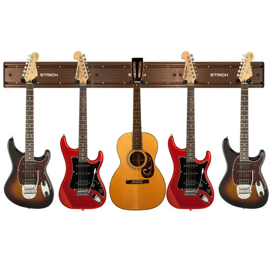 Picture of STRICH Guitar Wall Mount Hangers for Multiple Guitars, Holds 5 Guitars, Walnut Wood Grain, Strong Aluminum Metal Guitar Stand Rack Bass Holder, Adjustable Instruments Display Set, SMH-05W