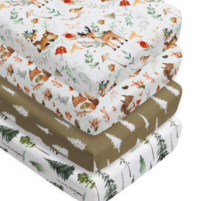 Picture of 4 Pack Woodland Forest Animals Wood Neutral Unisex Fitted Baby Crib Sheets Set for Baby Boys or Girls (Beer, 52 * 28)