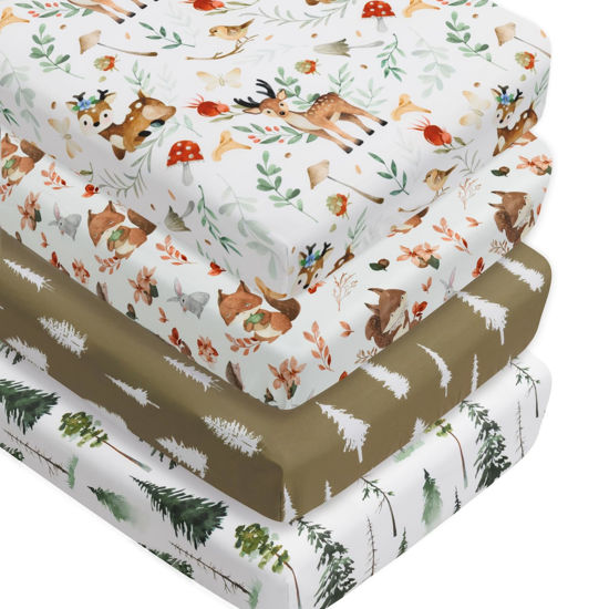 Picture of 4 Pack Woodland Forest Animals Wood Neutral Unisex Fitted Baby Crib Sheets Set for Baby Boys or Girls (Beer, 52 * 28)