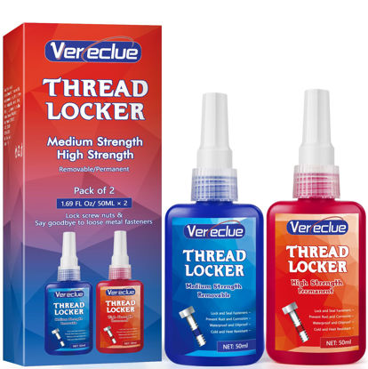 Picture of Thread Lock 50ml Blue and 50ml Red, Medium and Strong Strength Threadlocker, Thread Locker for Nuts, Bolts, Metal Fasteners to Against Losening and Seal, Blue and Red