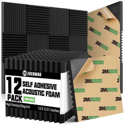 Picture of 12 Pack Self-adhesive Sound Proof Foam Panels, 1" X 12" X 12" Fast Expand Acoustic Panels High Density, Wedges Acoustic Foam Fire-Retardant, Sound Proof Panels For Walls For Home Office Studio