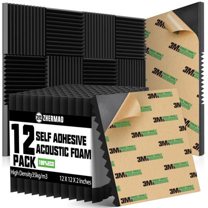 Picture of 12 Pack Self-adhesive Sound Proof Foam Panels, 2" X 12" X 12" Fast Expand Acoustic Panels High Density, Wedges Acoustic Foam Fire-Retardant, Sound Proof Panels For Walls For Home Office Studio