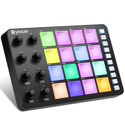 Picture of Vangoa Beat Maker Machine with 16 RGB Pads, Wireless USB Midi Velocity Drum Pad Controller 8 Knobs, Aftertouch Beating Machine with Note Repeat for Music Production Beginners, Daw, Mac, PC, Ipad