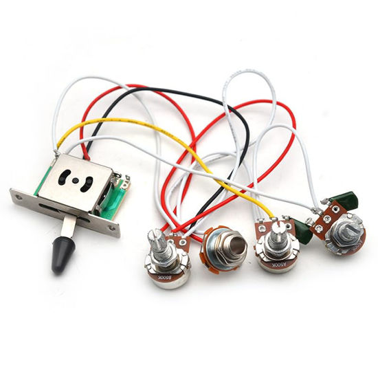 Picture of SAPHUE Guitar Wiring Harness, Guitar Prewired Harness Humbucker Wiring Harness Prewired Jack 2T1V 5 Way Chrome Box Toggle Switch 500K Pots for FD Replacement Guitar(5 Way Switch 2T1V)
