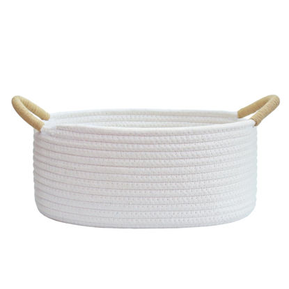 Picture of Yimi's Dream Gift Baskets Empty, Small Basket for Organizing, White Cotton Rope Basket with Handle for Decor, Baby Cat Dog Toy (Oval, 12"x 8"x 5" )
