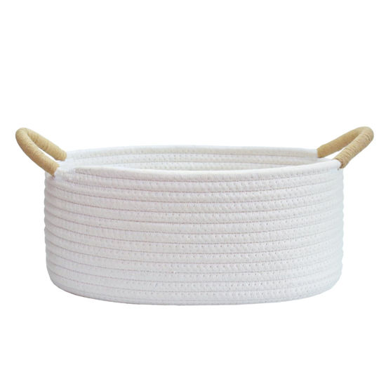 Picture of Yimi's Dream Gift Baskets Empty, Small Basket for Organizing, White Cotton Rope Basket with Handle for Decor, Baby Cat Dog Toy (Oval, 12"x 8"x 5" )