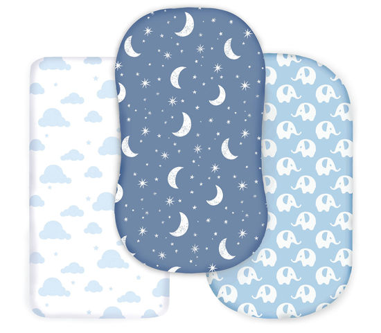Picture of Cambria Baby 100% Organic Cotton Jersey Fitted Bassinet Sheets for Boy. 3 Pk Adapts to Oval, Hourglass & Rectangle Shaped Bassinet Pads. Fits Halo, Snoo, Graco, and Most other Standard Size Bassinets.