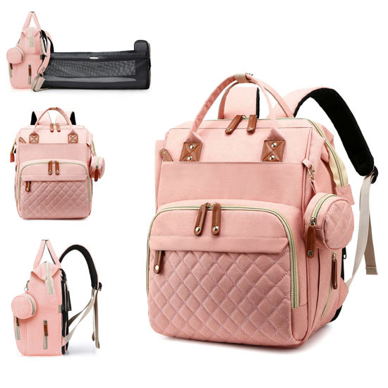 Picture of Diaper Bag with Changing Station, Waterproof 3 in 1 Baby Diaper Backpack with Foldable Changing Pad, Large Travel Back Pack for Baby Girl Boy, Peach Pink
