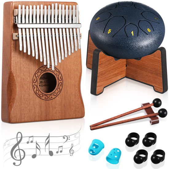 Picture of Resholder Musical Instruments Set Rain Drum for Outside with Stand Thumb Piano 8 Notes 6 Inches Steel Drum 17 Keys Kalimba Finger Piano for Adult Beginners Professionals Christmas Gift(Navy Blue)