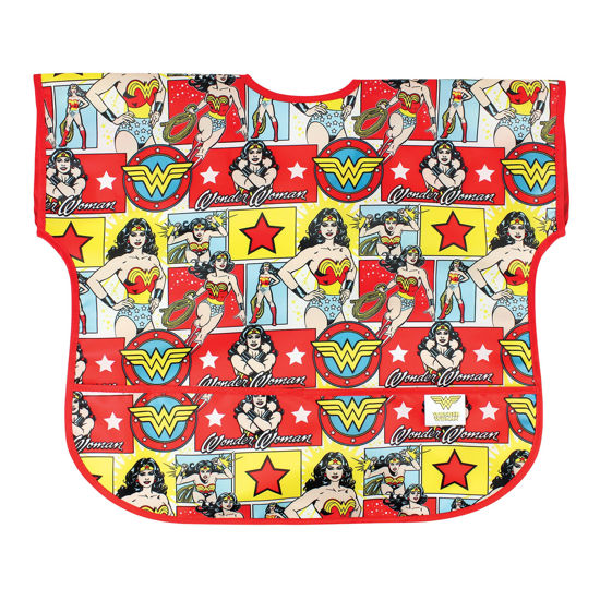 Picture of Bumkins Short Sleeve Bib for Girl or Boy, Toddler and Kids for 1-3 Years, Large Size, Essential Must Have for Junior Children, Eating, Mess Saving Soft Fabric Apron for Play, Wonder Woman DC Comics