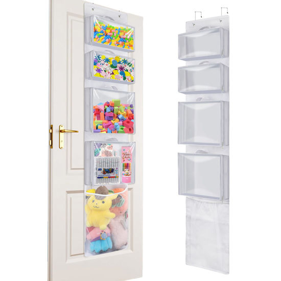 Picture of Woodoulogy Hanging Toy Storage over Door, Block Stuffed Animal Organizer Idea with 4 Removable Case Bag, Bi-Fold Closet Holder with Mesh Pocket for Kid Boy Girl