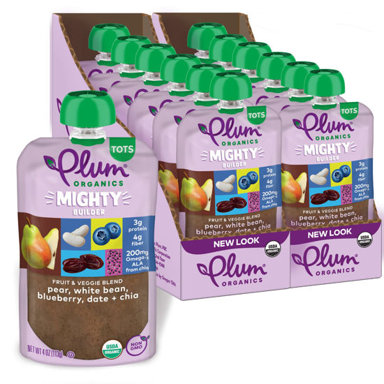 Picture of Plum Organics Mighty Builder Organic Toddler Food - Pear, White Bean, Blueberry, Date, and Chia - 4 oz Pouch (Pack of 12) - Organic Fruit and Vegetable Toddler Food Pouch