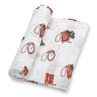 Picture of LollyBanks Baby Blanket for Boys, Large 47 x 47 Inches Soft Muslin Swaddle Blankets, 100% Cotton Breathable and Lightweight Baby Receiving Blankets, Baby Essentials, Registry (Cowboy Boot Print)