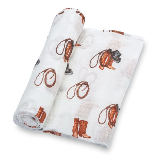Picture of LollyBanks Baby Blanket for Boys, Large 47 x 47 Inches Soft Muslin Swaddle Blankets, 100% Cotton Breathable and Lightweight Baby Receiving Blankets, Baby Essentials, Registry (Cowboy Boot Print)