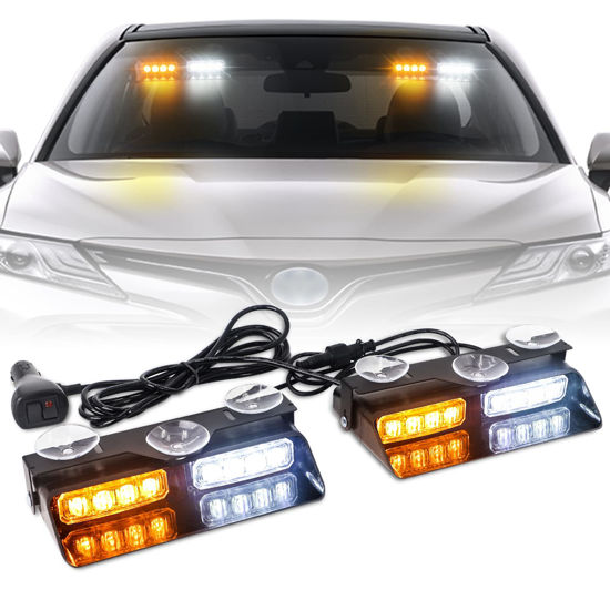 Picture of XRIDONSEN 2 in 1 Emergency Dash Strobe Lights Interior Windshield Lights Deck Split Amber White Warning Safety Flashing Lights w/Suction Cups for Construction Vehicles, Trucks (2×7.16 inch, 16 LED)