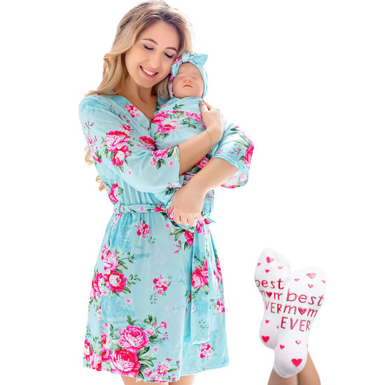 Picture of ECO BABY Mommy and Me Robe and Swaddle Set | Maternity Robe and Matching Baby Set for Girl, Boy | Hospital Labor and Delivery