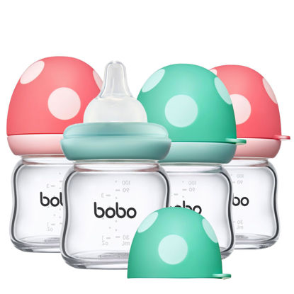 Picture of YOHKOH Natural Glass Baby Bottle with Natural Response Nipple, Newborn Anti-Colic Baby Bottles, Wide Neck Mushroom Cap Baby Bottle, Clear (3.4oz (Pack of 4), Multicolour)