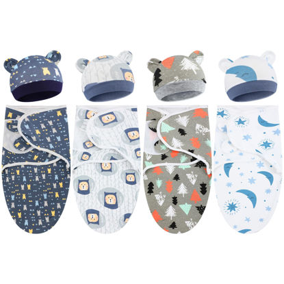 Picture of Buryeah 4 Pack Preemie Swaddle Blanket Wrap Set with Hat for Baby Boys Girls 3-7 Lbs Preemie Newborn Clothes Sleepers Cap (Dark Blue,Bear)