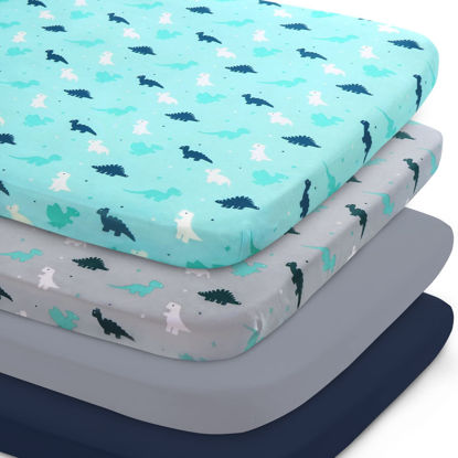 Picture of Mini Crib Sheets Set 4 Pack, Mini Portable Crib Sheets (38" X 24") | Multiuse for Pack n Play, Playard, Playpen, Mini Crib, Dinosaurs