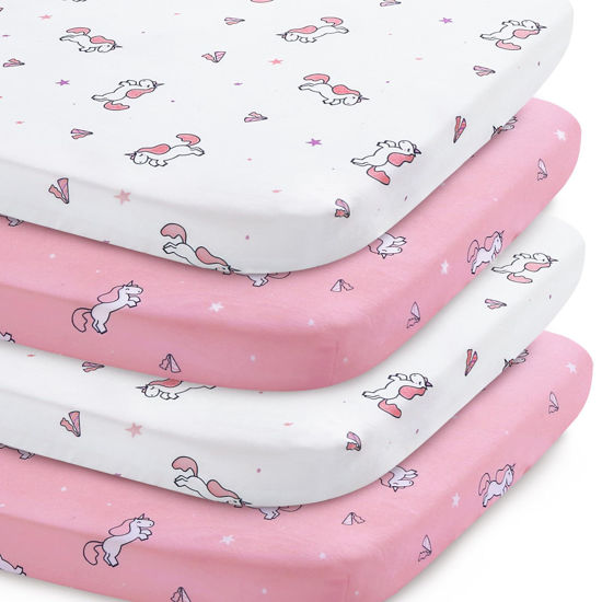 Picture of Pack and Play Sheets, Pack n Play Sheets | Mini Crib Sheets 4-Pack, Ultra Soft Pack n Play Mattresses Sheets Compatible with Graco Pack n Play, Soft and Breathable Material, Pink