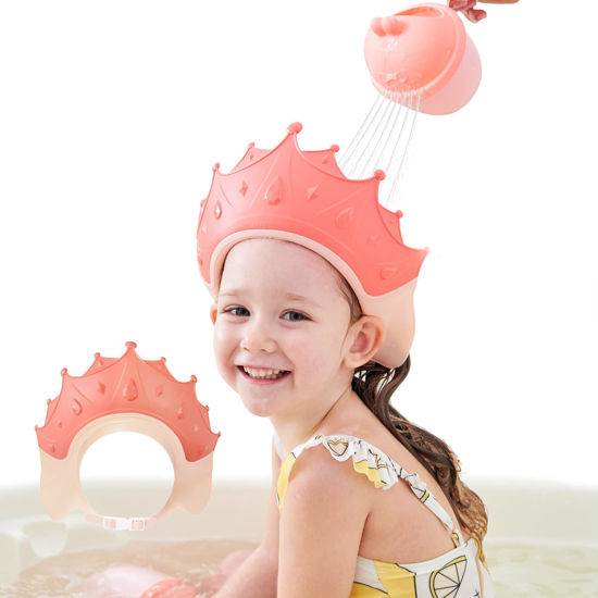 Picture of FUSACONY Shower Cap Shield for Kids, Visor Hat for Eye and Ear Protection for 0-9 Years Old Children, Cute Crown Shape Makes the Baby Bath More Fun (Pink)