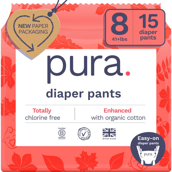 Picture of Pura Size 8 Diaper Pants - 1 x 15 Diapers (41+lbs), Pull Up Disposable Baby Diapers for Sensitive Skin, Hypoallergenic, Fragrance Free, Totally Chlorine Free, Easy-Tear Sides